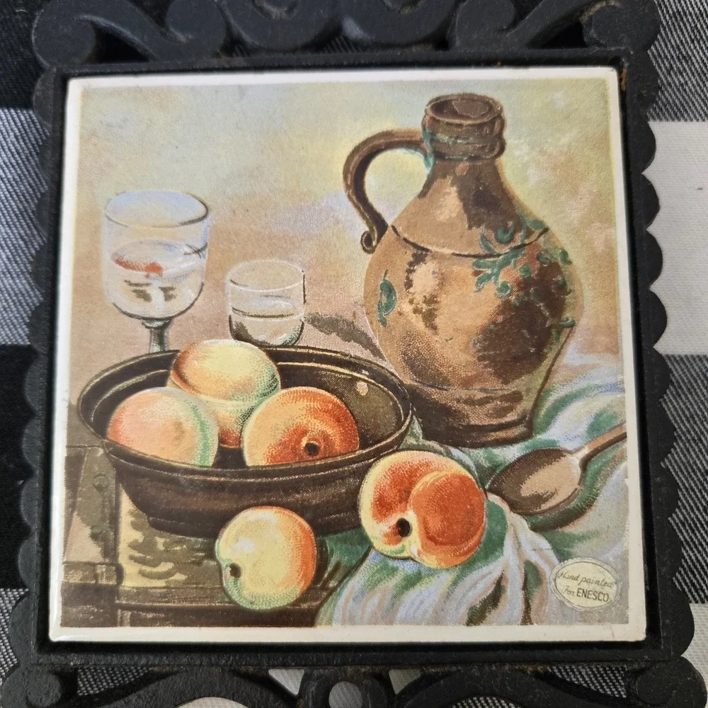 Enesco‎ Cast Iron & Tile Trivet Wall Hanging Bowl Peaches Jug Made In Japan